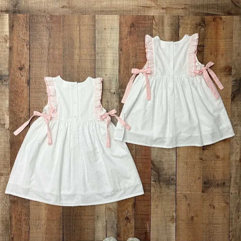 Stitchy Fish Big Sister Dress White Pink Ruffle Bow Girls Multiple Sizes Avail.